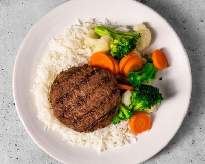 Beef Patty, White Rice & Mixed Vegetables