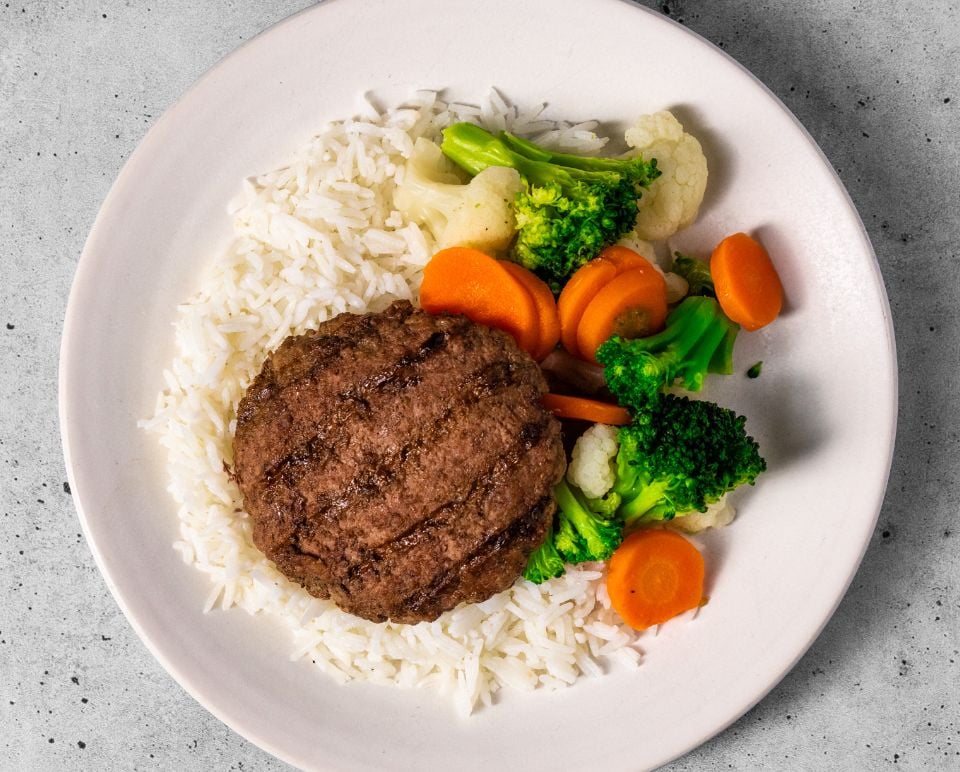 Beef Patty, White Rice & Mixed Vegetables