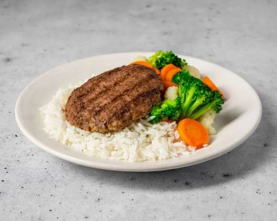 Beef Patty, White Rice & Mixed Vegetables